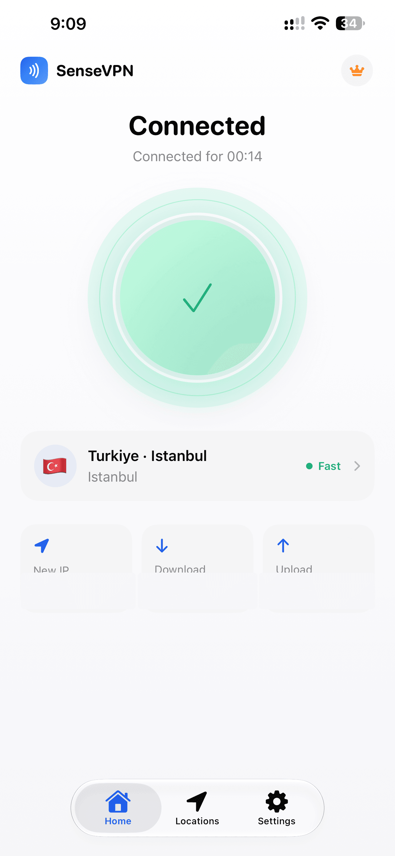 SenseVPN connected to Türkiye, with Istanbul selected.